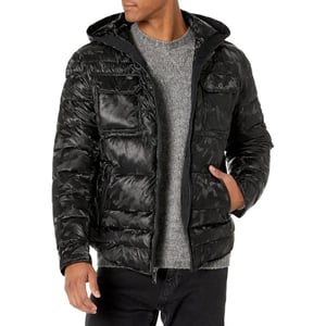 Karl Lagerfeld Paris Mens Faux Down Jacket Camo Print HoodedBlack