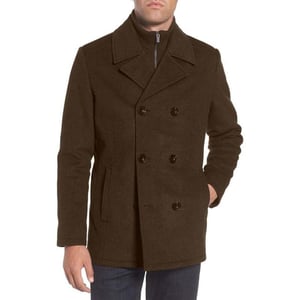 Kenneth Cole Mens Notched Lapel Wool Pea Coat Knit BibOlive