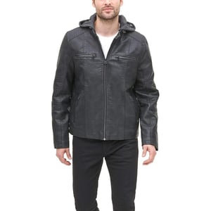 Levis Men Faux Leather Racer JacketBlack Buffed Cow Hooded