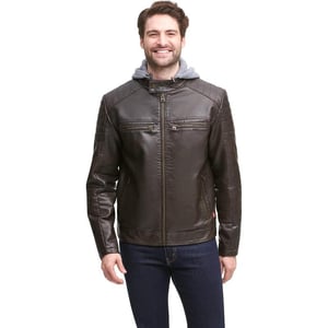 Levis Men Faux Leather Racer JacketDeep Brown Modern Hooded