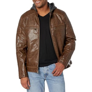 Levis Men Faux Leather Racer JacketSaddle Modern Hooded