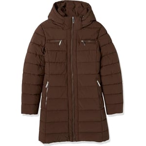 TOMMY HILFIGER Women Solid Puffer Untrimmed Hood Long JacketBrown