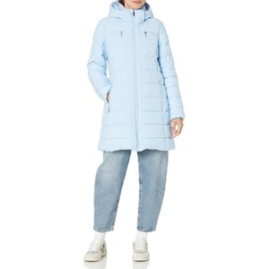 TOMMY HILFIGER Women Solid Puffer Untrimmed Hood Long JacketCerulean