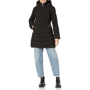 TOMMY HILFIGER Womens Hooded Solid Zip Up Long Packable JacketBlack