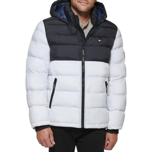 Tommy Hilfiger Mens Hooded Puffer JacketBlackWhite 2 Tone