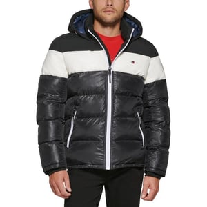 Tommy Hilfiger Mens Hooded Puffer JacketBlackWhite Mixed Media Stripe