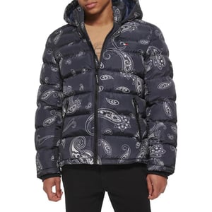 Tommy Hilfiger Mens Hooded Puffer JacketBlackWhite Paisley