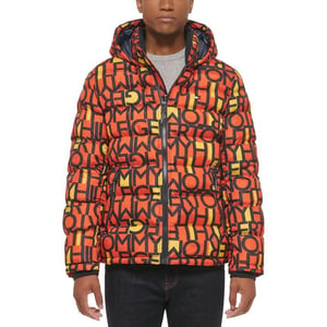 Tommy Hilfiger Mens Hooded Puffer JacketOrange Abstract Logo