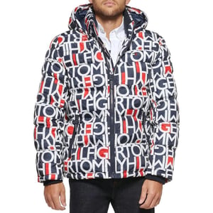 Tommy Hilfiger Mens Hooded Puffer JacketRed White Blue Abstract Logo