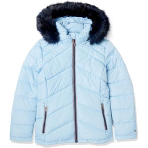 Tommy Hilfiger Women Contrast Zipper Fur Hood Short Puffer JacketCerulean