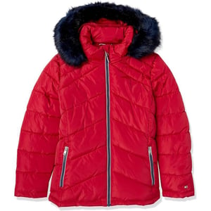 Tommy Hilfiger Women Contrast Zipper Fur Hood Short Puffer JacketCrimson