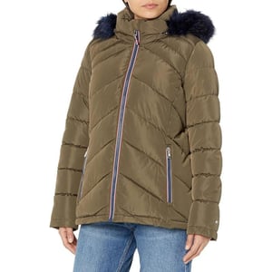 Tommy Hilfiger Women Contrast Zipper Fur Hood Short Puffer JacketJuniper