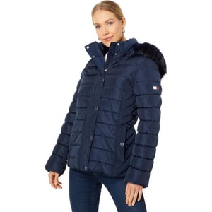 Tommy Hilfiger Womens Fur Hood Zip Up Short Puffer JacketNavy