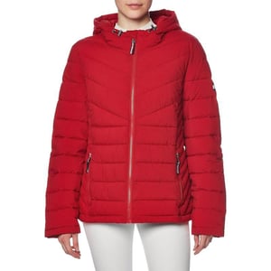 Tommy Hilfiger Womens Puffer Lightweight Hooded Jacket with Drawstring Packing BagCrimson