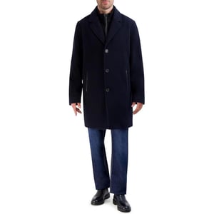 imageCole Haan Mens Car Coat with Rib Knit Bib and Faux Leather DetailNavy