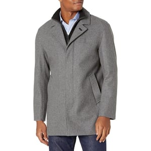 imageCole Haan Mens Classic Melton Top Coat with Faux Leather DetailsLt Grey