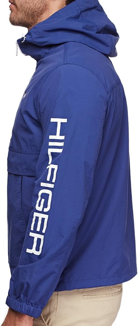 Tommy Hilfiger Mens Retro Lightweight Taslan Hooded Popover Water Resistant Windbreaker JacketNautical Blue