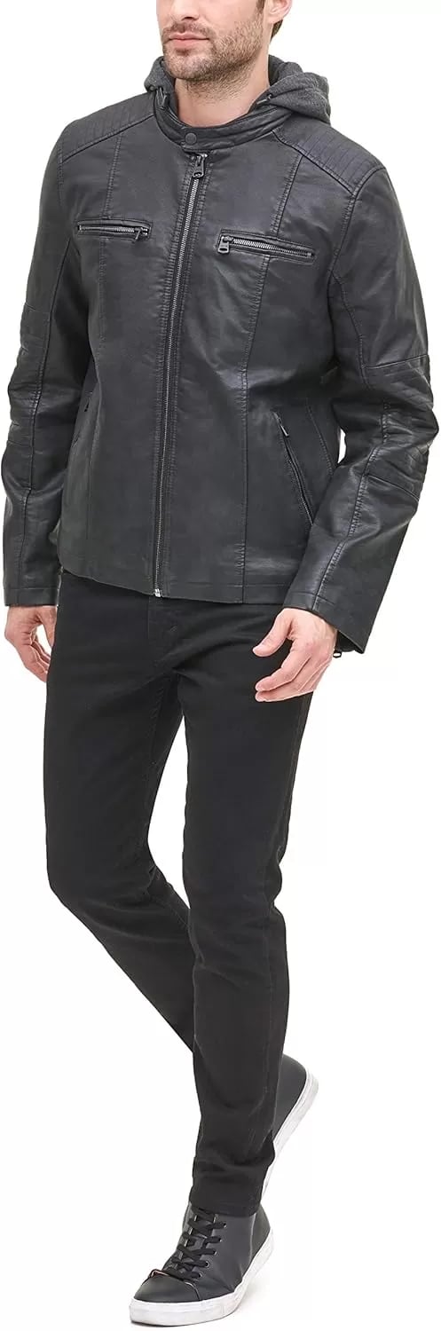 imageLevis mens Faux Leather Racer JacketBlack Buffed Cow Hooded