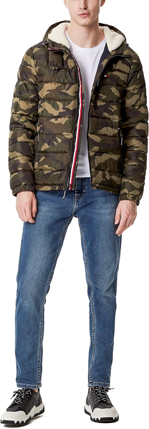 Tommy Hilfiger Mens Midweight Sherpa Lined Hooded Water Resistant Puffer JacketCamouflage