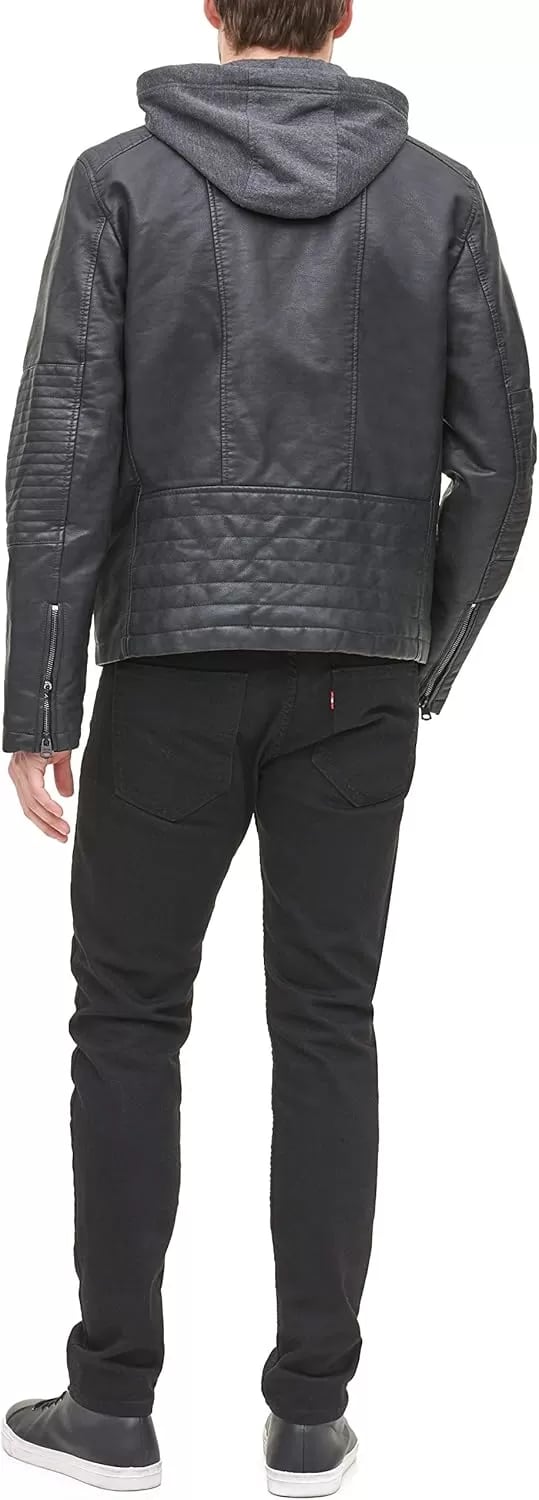 imageLevis mens Faux Leather Racer JacketBlack Buffed Cow Hooded