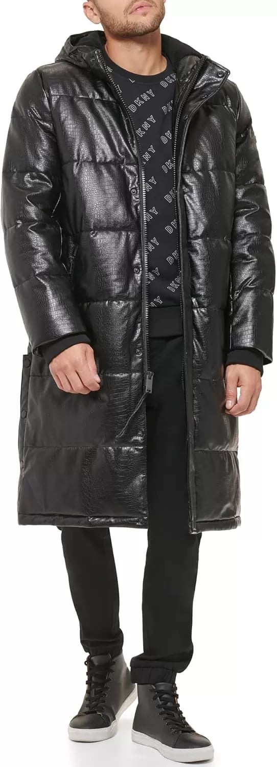 imageDKNY Mens Faux Leather Long Quilted Fashion CoatBlack