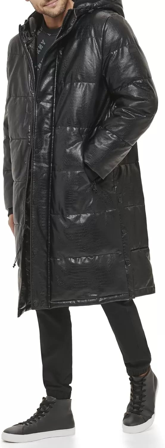 imageDKNY Mens Faux Leather Long Quilted Fashion CoatBlack