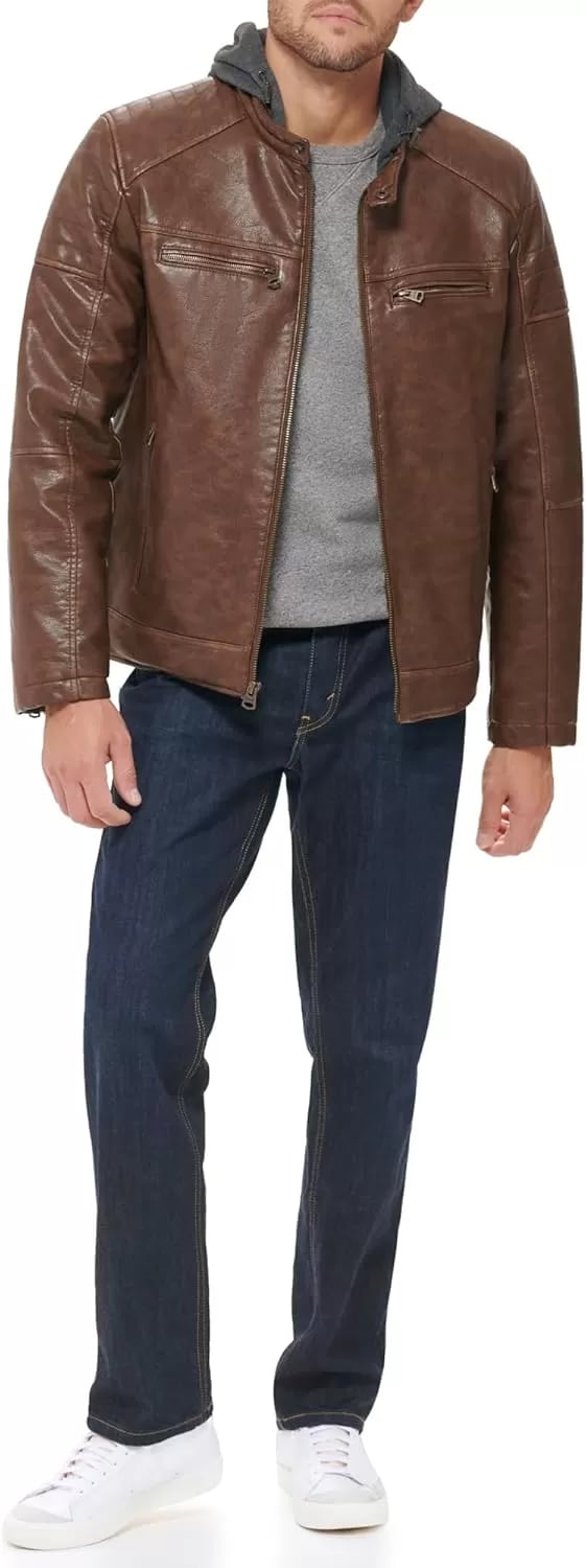 imageLevis mens Faux Leather Racer JacketSaddle Modern Hooded