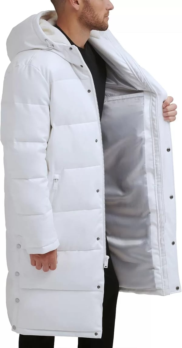 imageDKNY Mens Faux Leather Long Quilted Fashion CoatWhite