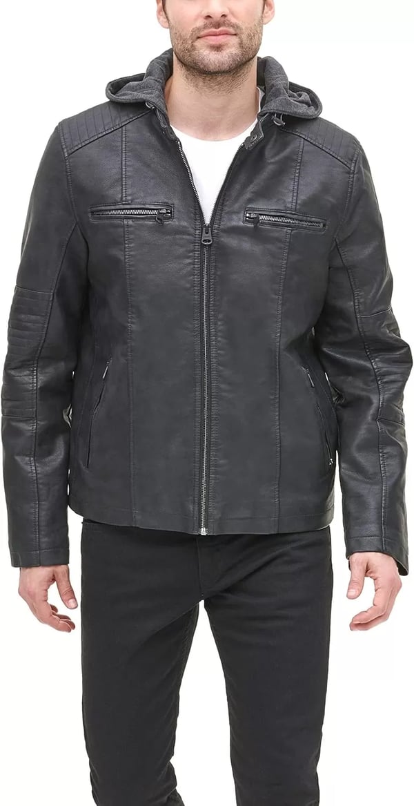 imageLevis mens Faux Leather Racer JacketBlack Buffed Cow Hooded