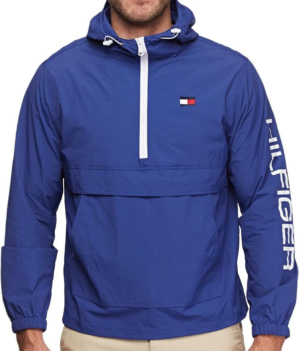 Tommy Hilfiger Mens Retro Lightweight Taslan Hooded Popover Water Resistant Windbreaker JacketNautical Blue