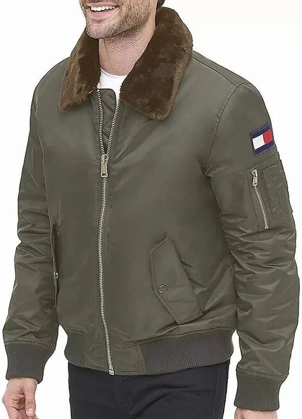 imageTommy Hilfiger Mens Tommy Hilfiger Mens Laydown Removable Pile Collar Officer JacketOlive W Flag Patch