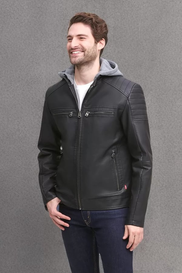 imageLevis mens Faux Leather Racer JacketBlack Smooth Lamb Modern Hooded