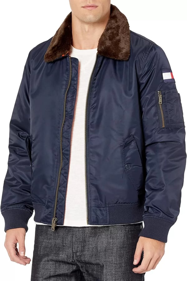 imageTommy Hilfiger Mens Tommy Hilfiger Mens Laydown Removable Pile Collar Officer JacketNavy W Flag Patch