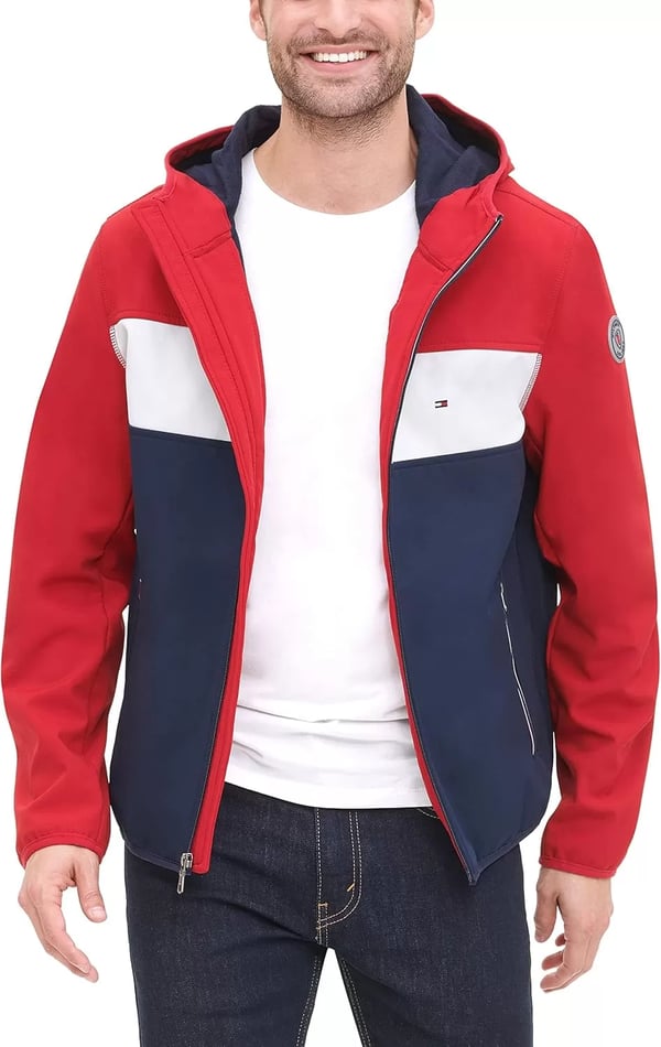 imageTommy Hilfiger Mens Hooded Performance Soft Shell JacketRedWhiteNavy