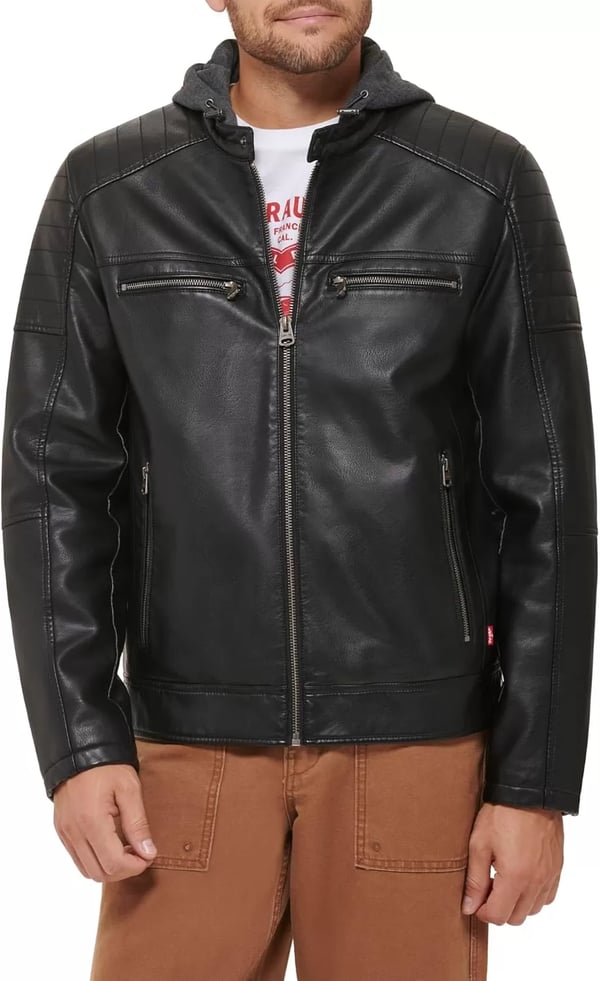 imageLevis mens Faux Leather Racer JacketBlack Smooth Lamb Modern Hooded