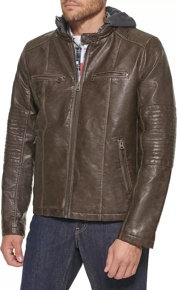 imageLevis mens Faux Leather Racer JacketDeep Brown Cow Hooded