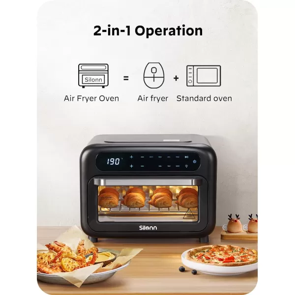 imageSilonn Air Fryer Oven 2in1 Smart Air Fryer Toaster Oven Combo 14QT Stainless Steel Air Fryer Oven with Digital Countertop Natural Convection Roast Bake Black14QT