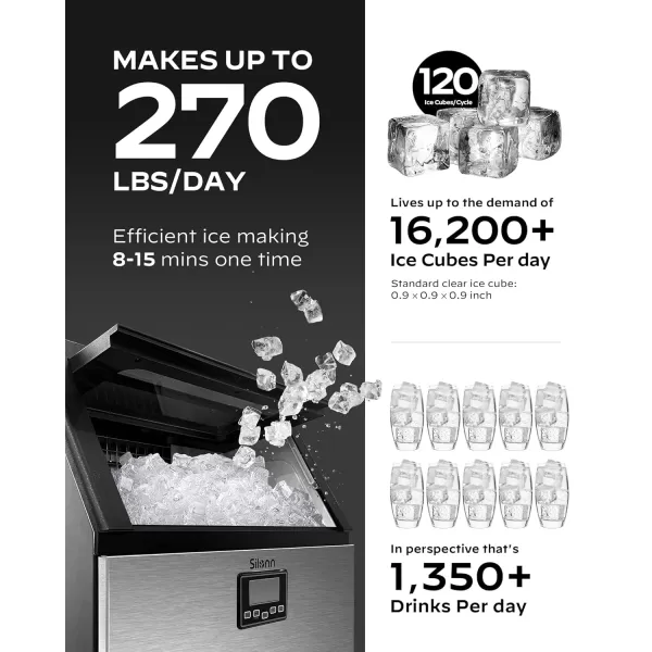 imageSilonn Commercial Ice Maker Machine 90lbs24H with 30lbs Bin Full Heavy Duty Stainless Steel Construction SelfCleaning Clear Cube for Home Bar Include Connection Hose Scoop270 LBS24H