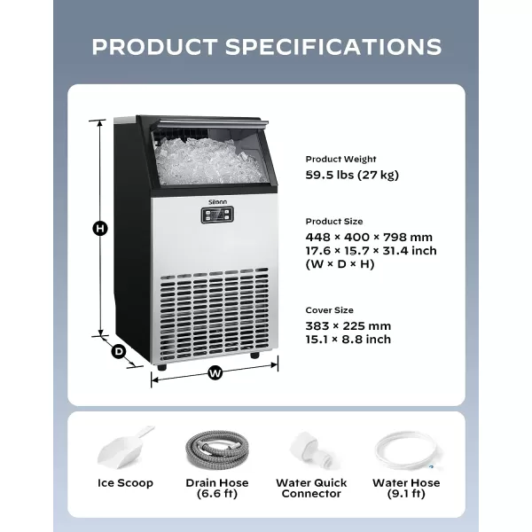 imageSilonn Commercial Ice Maker Machine Creates 100lbs in 24H 33lbs Ice Storage Capacity Stainless Steel Freestanding Ice Maker with Auto SelfCleaning for Home Office Bar Parties SLIM11100lb