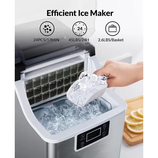 imageSilonn Countertop Ice Maker 45lbs Per Day 24Pcs Ice Cubes in 13 Min 2 Ways to Add Water Auto SelfCleaning Stainless Steel Ice Machine for Home Office Bar PartyStainless Steel