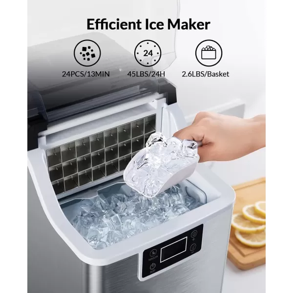 imageSilonn Countertop Ice Maker 45lbs Per Day 24Pcs Ice Cubes in 13 Min 2 Ways to Add Water Auto SelfCleaning Stainless Steel Ice Machine for Home Office Bar PartyStainless Steel45lbs