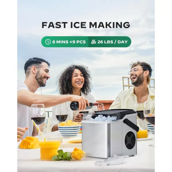 imageSilonn Countertop Ice Maker 9 Cubes Ready in 6 Mins 26lbs in 24Hrs Portable Ice Machine with SelfCleaning 2 Sizes of Bullet Ice for HomeKitchenPartyRV Stainless SteelStainless Steel