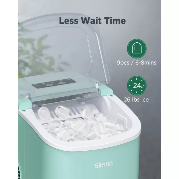 imageSilonn Countertop Ice Maker 9 Cubes Ready in 6 Mins 26lbs in 24Hrs SelfCleaning Ice Machine with Ice Scoop and Basket 2 Sizes of Bullet Ice for Home Kitchen Office Bar Party BlackGreen