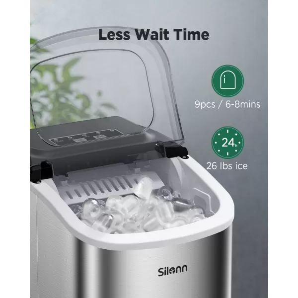 imageSilonn Countertop Ice Maker 9 Cubes Ready in 6 Mins 26lbs in 24Hrs SelfCleaning Ice Machine with Ice Scoop and Basket 2 Sizes of Bullet Ice for Home Kitchen Office Bar Party BlackStainless Steel