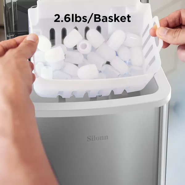 imageSilonn Ice Maker Countertop 9 Cubes Ready in 6 Mins 26lbs in 24Hrs SelfCleaning Ice Machine with Ice Scoop and Basket 2 Sizes of Bullet Ice for Home Kitchen Office Bar PartyStainless Steel