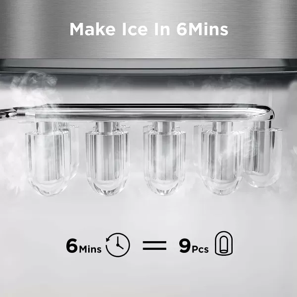 imageSilonn Ice Maker Countertop 9 Cubes Ready in 6 Mins 26lbs in 24Hrs SelfCleaning Ice Machine with Ice Scoop and Basket 2 Sizes of Bullet Ice for Home Kitchen Office Bar PartyStainless Steel