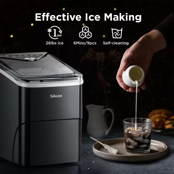 imageSilonn Ice Maker Countertop 9 Cubes Ready in 6 Mins 26lbs in 24Hrs SelfCleaning Ice Machine with Ice Scoop and Basket 2 Sizes of Bullet Ice for Home Kitchen Office Bar PartyBlacktransparent