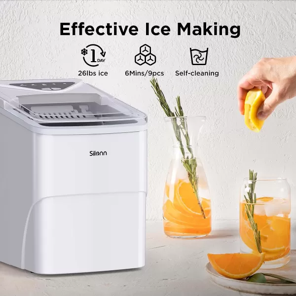 imageSilonn Ice Maker Countertop 9 Cubes Ready in 6 Mins 26lbs in 24Hrs SelfCleaning Ice Machine with Ice Scoop and Basket 2 Sizes of Bullet Ice for Home Kitchen Office Bar PartyWhite