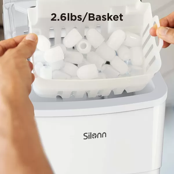 imageSilonn Ice Maker Countertop 9 Cubes Ready in 6 Mins 26lbs in 24Hrs SelfCleaning Ice Machine with Ice Scoop and Basket 2 Sizes of Bullet Ice for Home Kitchen Office Bar PartyWhite