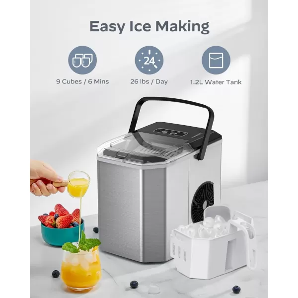 imageSilonn Ice Maker Countertop Portable Ice Machine with Carry Handle SelfCleaning Ice Makers with Basket and Scoop 9 Cubes in 6 Mins 26 lbs per Day Ideal for Home Kitchen Camping RVNew Stainless Steel